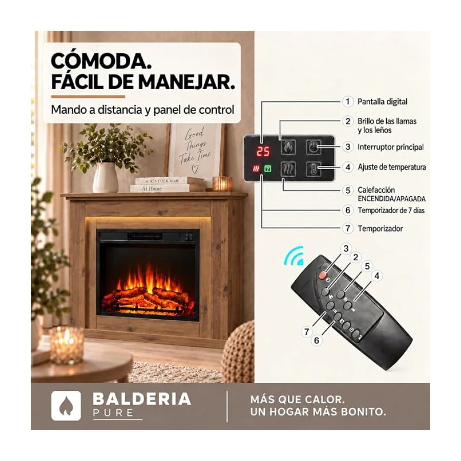 BALDERIA Finn - Chimenea electrica Decorativa - Roble Oscuro