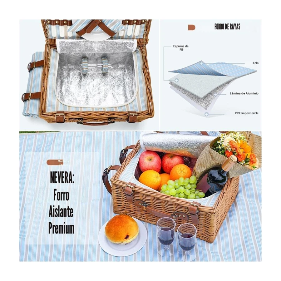 Juego de cesta de picnic para 2 personas, cesta de sauce con gran compartimento térmico aislante, manta impermeable y kit de servicio de cubiertos, marrón clásico