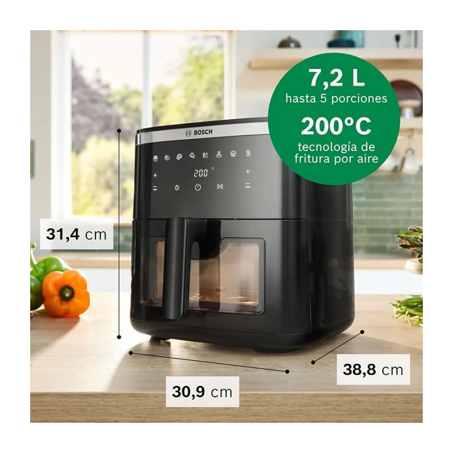 Bosch - Freidora de aire Serie 6, Air Fryer XXL con capacidad de 7,2 L, con 7 programas y ventana de visualización con luz, cocinado hasta 65%¹ más rápido, negro, MAF671BO