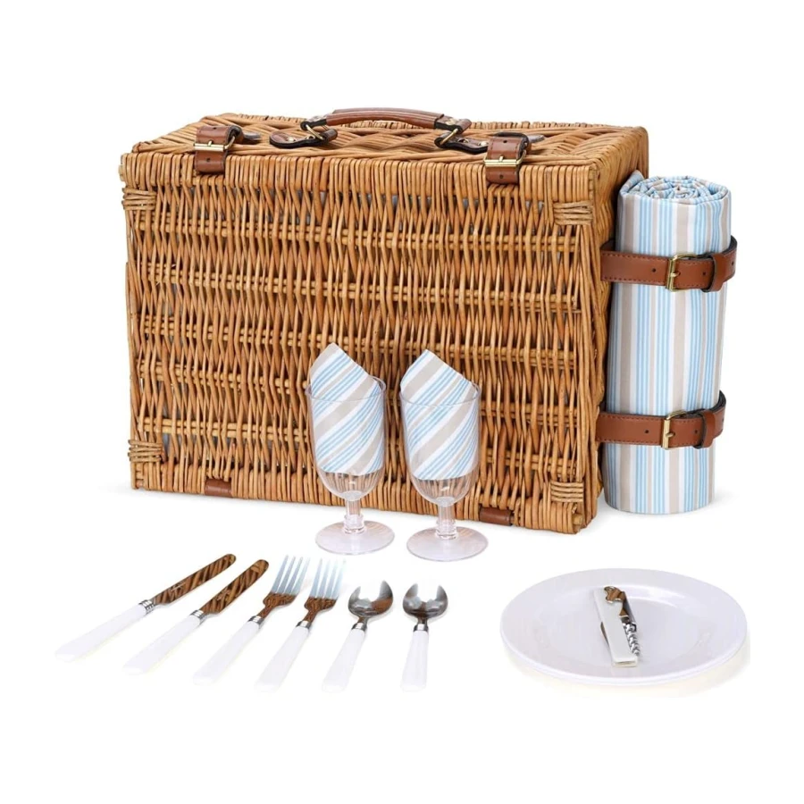 Juego de cesta de picnic para 2 personas, cesta de sauce con gran compartimento térmico aislante, manta impermeable y kit de servicio de cubiertos, marrón clásico