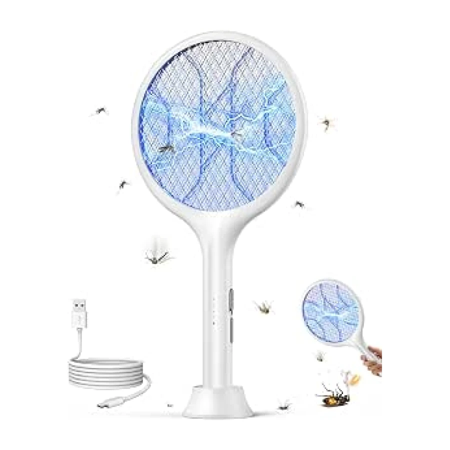 VIWAVE Raqueta Mosquitos Electrica 4000V, Matamoscas Electrico Recargable USB-C 1800mAh con Luz UV, Raqueta Antimosquitos 2 en 1 con Base Estable, Malla de Seguridad de 3 Capas, Blanco