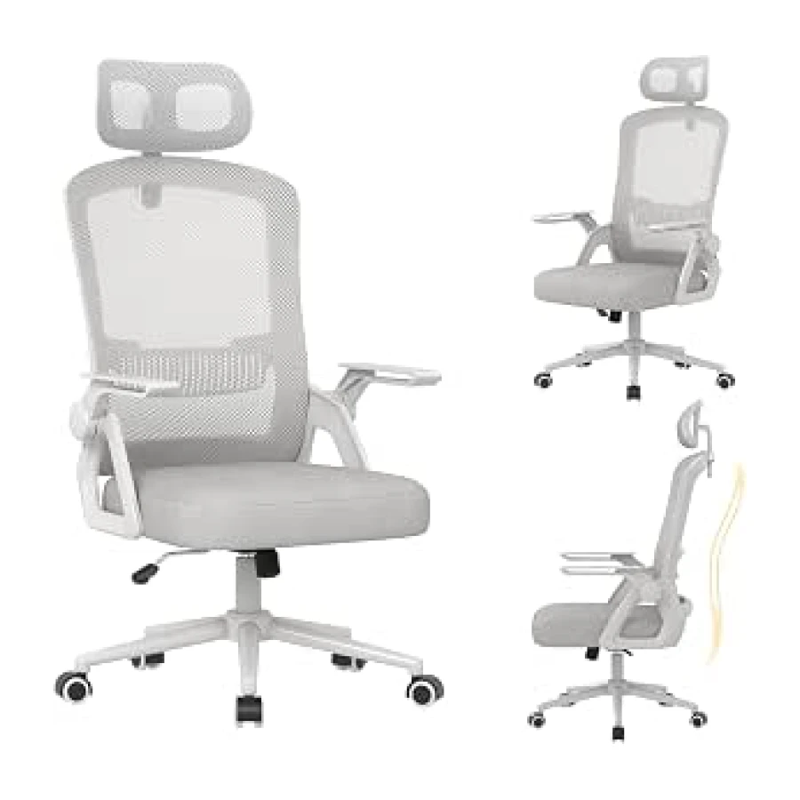 naspaluro Silla Oficina Ergonómica, Silla Escritorio con Reposacabezas | Reposabrazos Abatibles, Asiento Transpirable de Malla, Silla Giratoria para Ordenador, Homeoffice y Gaming Gris