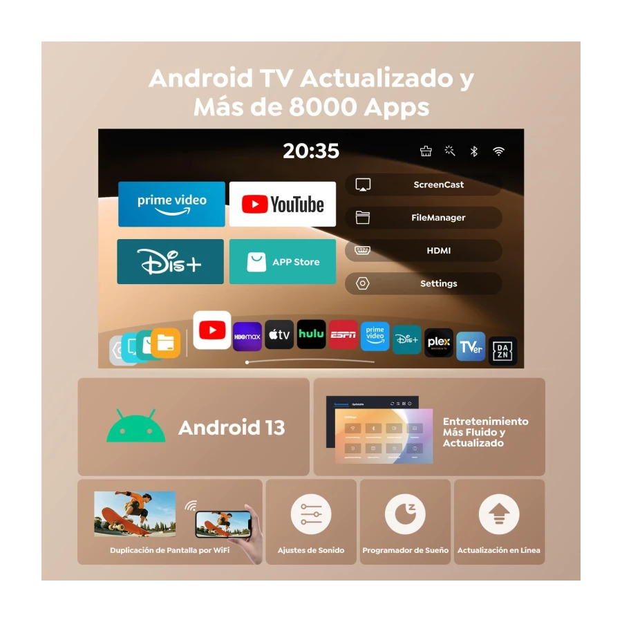 Proyector【Android 14 App Integrada & Auto Keystone】 Proyector Portátil 4K/1080P Soporte Tiro Corto WiFi 6 Bluetooth 5.4 con Rotación de 270°, TOPTRO MiniProyector Cine en Casa/Exterior para Móvil/USB