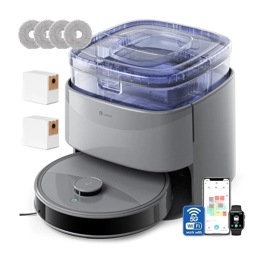 Lefant M3 Robot Aspirador y Fregasuelos, Todo-en-Uno 12000 Pa, 220min, Auto-Vaciado 3,2L, Auto-Lavado/Secado Mopa, dToF Navegación Láser, Evita Obstáculos, Alexa/App/i Watch/2,4G & 5GHz WiFi, Gris