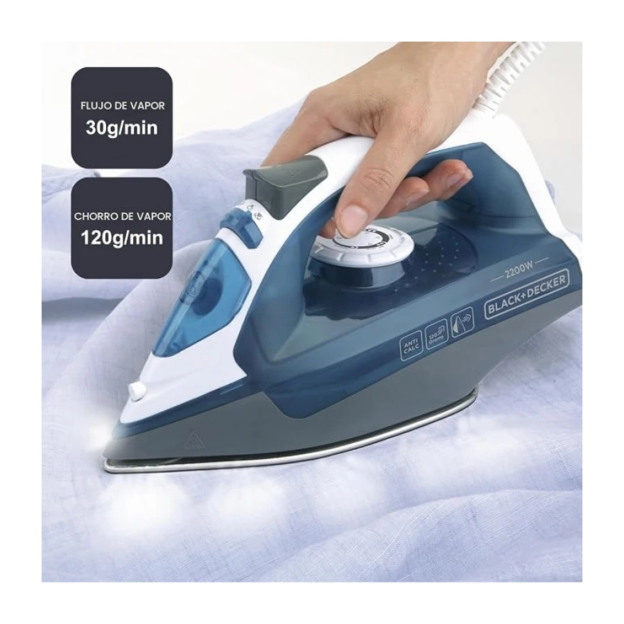 BLACK+DECKER - Plancha de Vapor 2200W | Antical | Golpe Vapor 120g/min | Vapor Vertical | Vapor Contínuo 30g/min | Suela Acero Inoxidable | Antigoteo | Azul