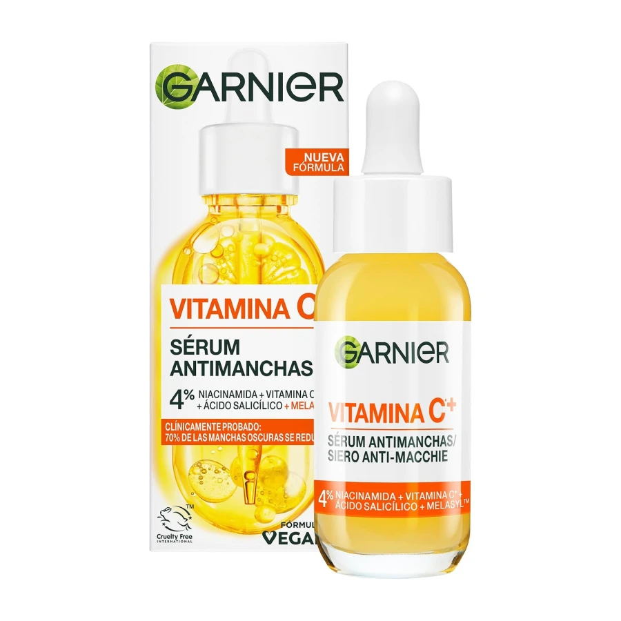 Garnier Vitamina C Sérum AntiManchas Pieles Sensible, Nº1 del mundo, 30 ml | 4% Niacinamida, Vitamina C, Ácido Salicílico y Melasyl, Reduce el 70% de Manchas Oscuras, Unifica el Tono e Ilumina en 3 Días