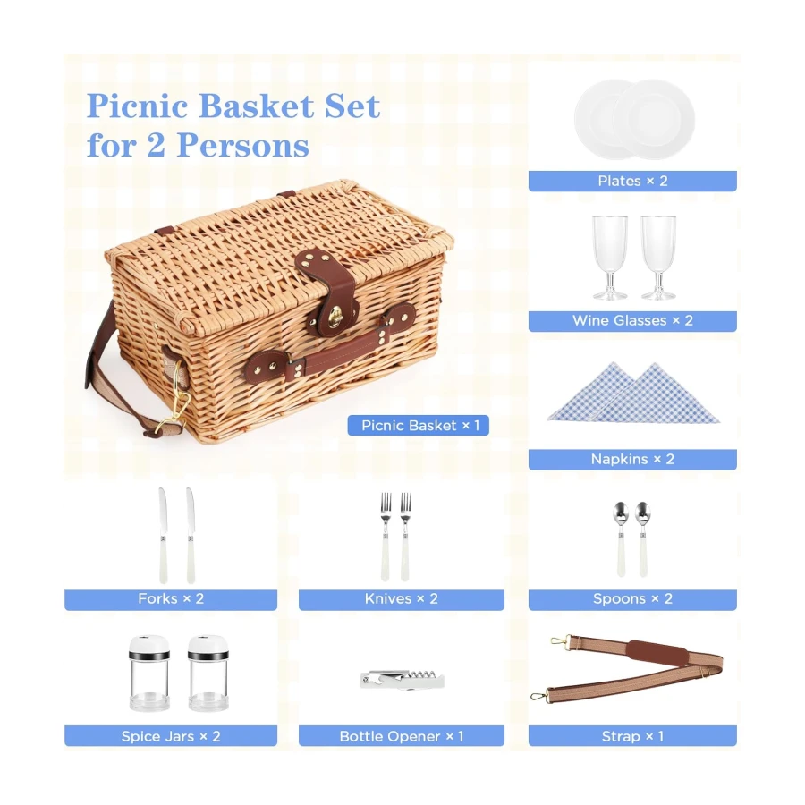 Set de Cesta de Picnic de Mimbre Premium para 2 Personas, con Compartimento Refrigerante, Correa Extraíble, Platos, Vasos, Cubiertos, para Acampada, Exteriores, Excursiones de un Día, Azul