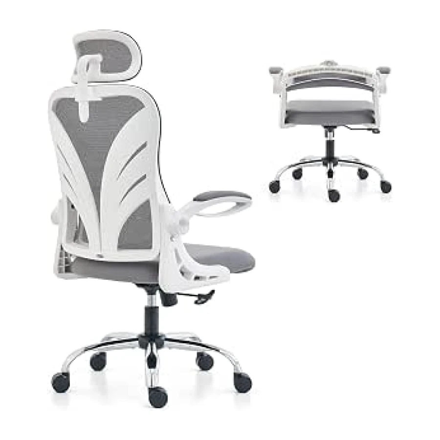 HOLLUDLE Silla de Oficina Ergonómica con Respaldo Plegable, con Reposabrazos, Reposacabezas 2D y Soporte Lumbar de Malla, Giratoria Ejecutiva para Computadora, Blanco