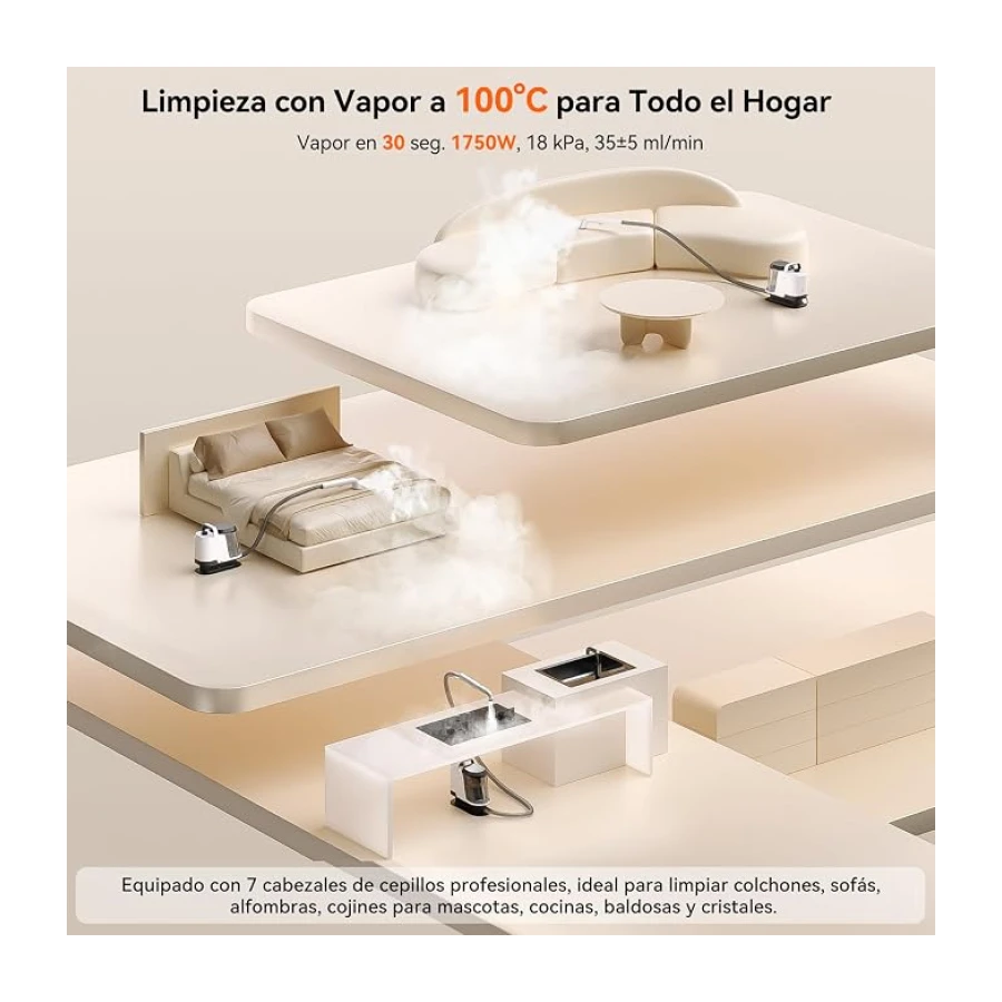 Uwant Y100S Limpiador Tapicerias Vapor 3en1, 1750W 18kPa Aspiradora de Agua | 2 dep. 1.2L, Manguera Autolimpiable, Cepillo 2en1 reversible/Vapor/Zapatos, sofá/coche/cocina, Frío/65°C Cal./100°C Vapor
