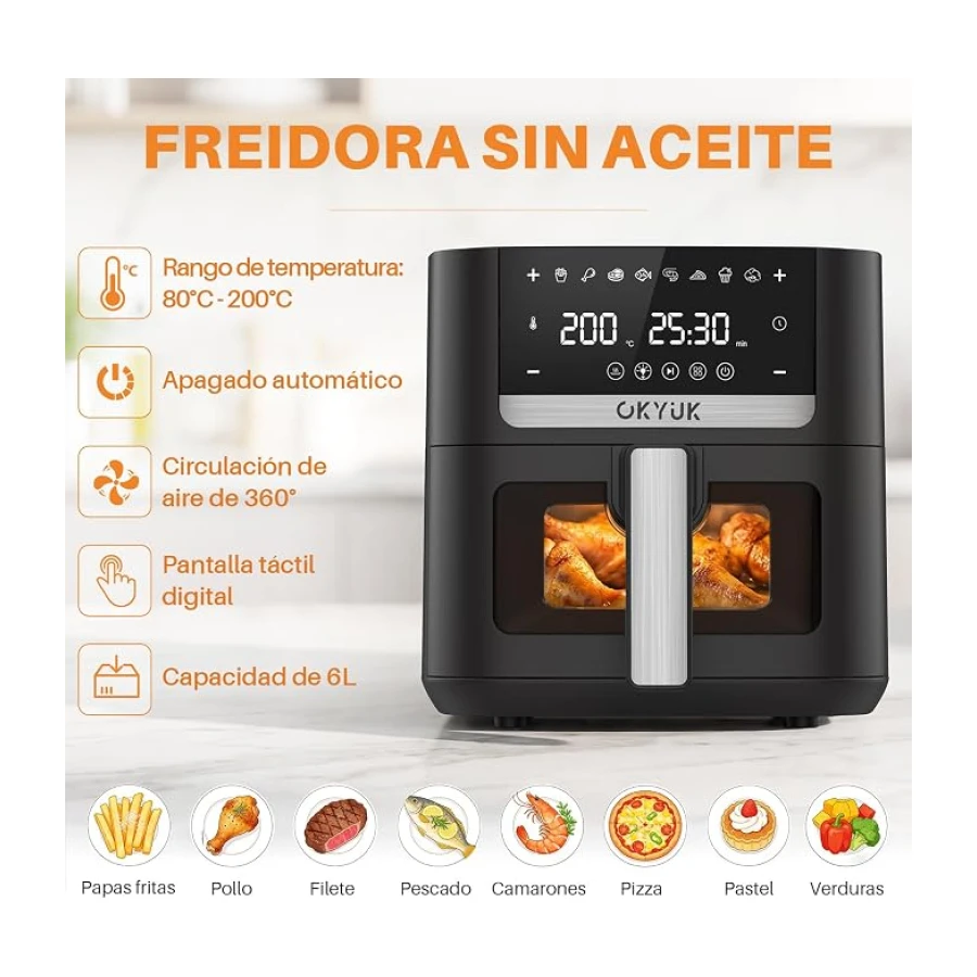 OKYUK Air Fryer 6L, Freidora de Aire, Freidora Aire Ventana Visualización, Freidora sin aceite, 8 programas, pantalla LED digital, temporizador, fácil de usar, Temperatura 80-200°C