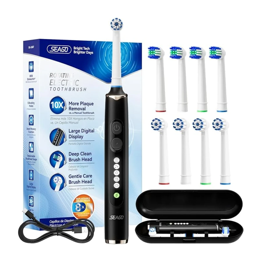 Seago Cepillo Electrico Recargable, Cepillo de Dientes Eléctrico Rotativo con Estuche de Viaje,8 Cabezas para la familia,5 Modos, Temporizador 2 Min,IPX7, SG2607, Negro