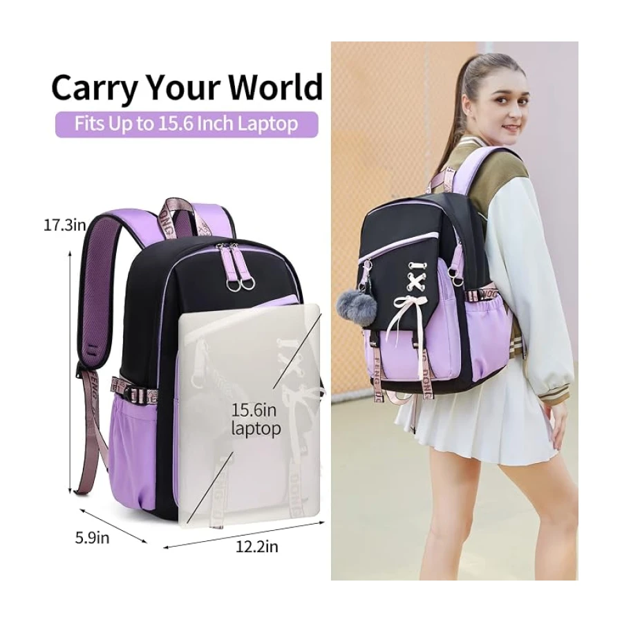 FENGDONG Mochila escolar para niñas adolescentes, mochila escolar informal para adolescentes, negro, morado, M, Mochilas daypack