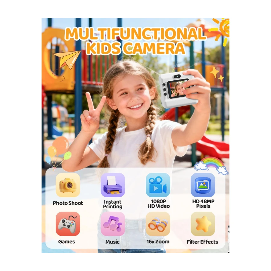CalineGam Camara Fotos Infantil Instantanea, HD 1080P Cámara Instantánea para Niños con Tarjeta de 32G y 3 Rollos de Papel, Lentes Dobles, Regalo para Niños y Niñas de 3 a 12 Años