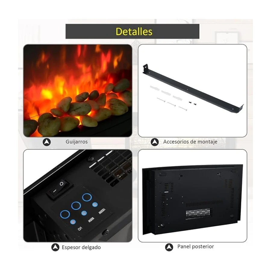 HOMCOM Chimenea Eléctrica de Pared 900/1800W para Sala 25-30 m² Negro