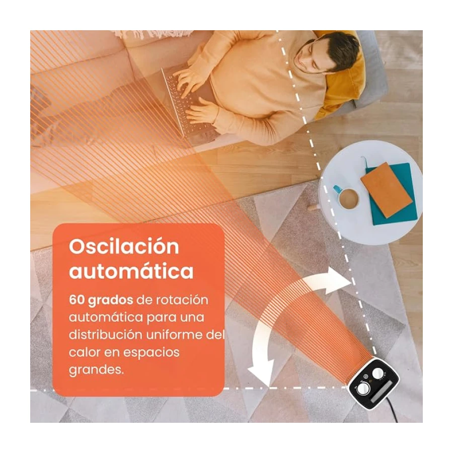 Pro Breeze Calefactor electrico bajo consumo 2000W, Oscilación Automática, termostato y 2 Niveles de Potencia. Sistema antivuelco – Calefactor baño, habitaciones y oficinas – Blanco