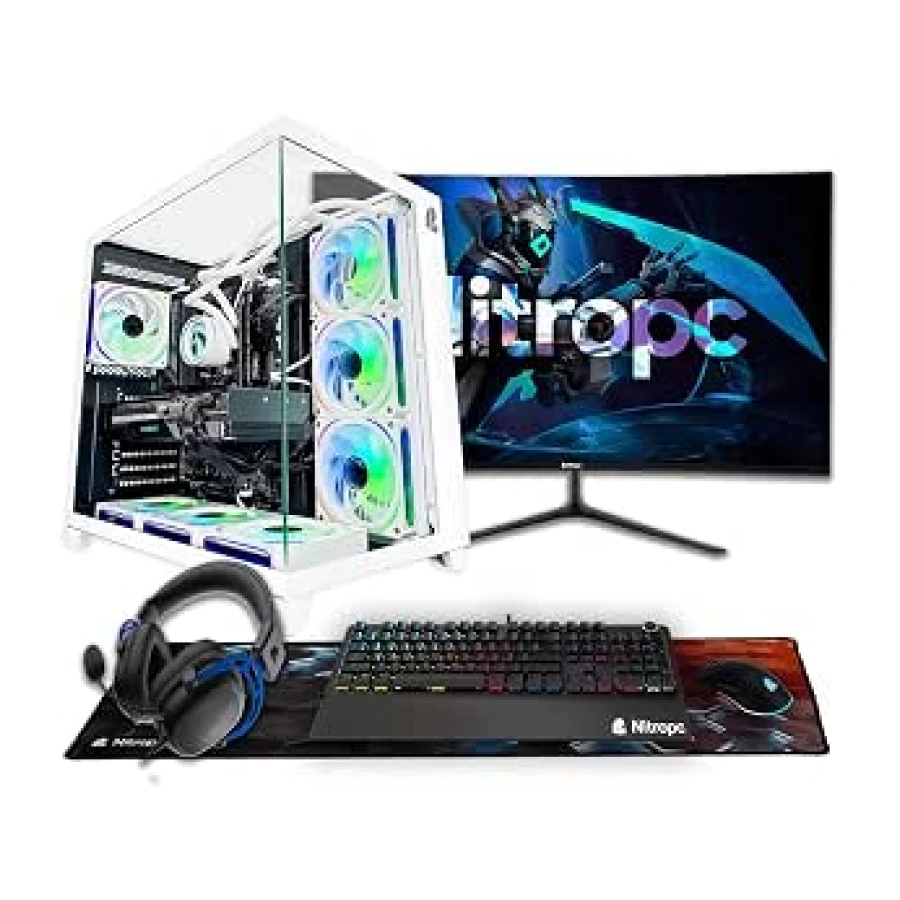 NitroPC - Pack Nitro Plus | PC Gaming Completo (Intel i9 12900K 16/24 5.2GHz, RTX 5070 12GB, RAM 32GB, M2 2TB, Windows 11, RGB | WiFi, Monitor Curvo 27", Teclado, ratón, Cascos) PC sobremesa (Blanco)