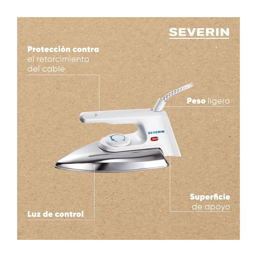 SEVERIN Plancha de mano sin vapor con suela de aluminio pulido y regulación continua de la temperatura, Mini plancha ligera de 600 g con protección contra dobleces del cable, blanca, BA 3211