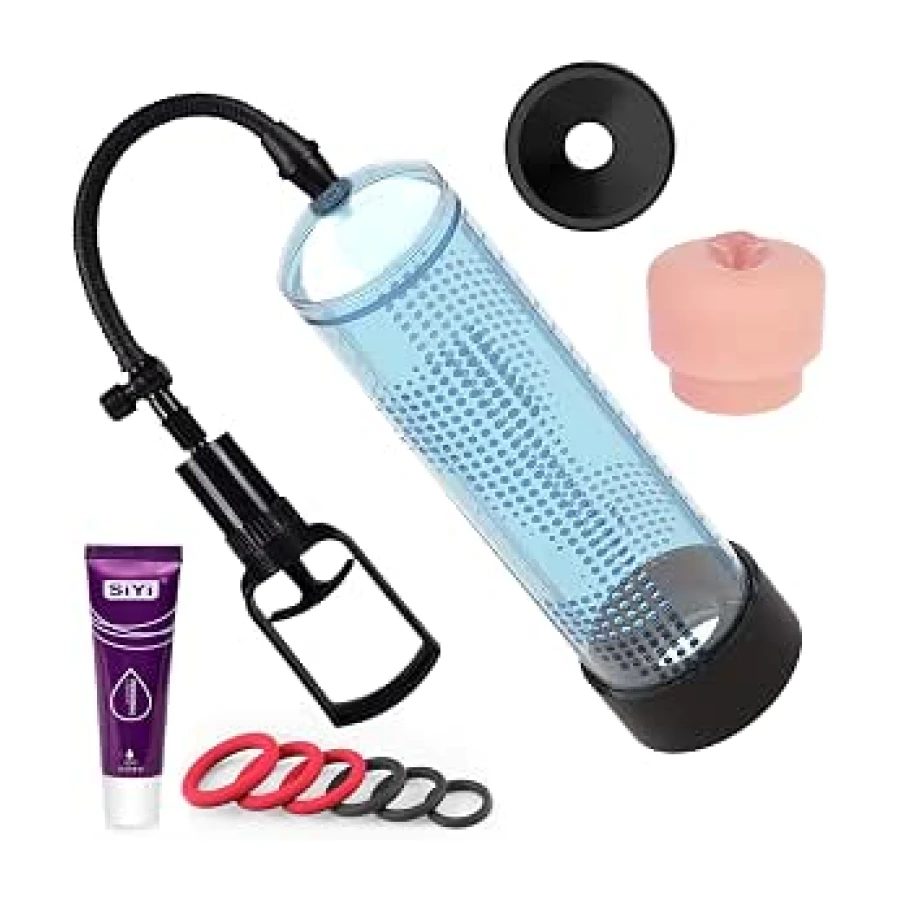 Bomba de Vacío para Hombre con 6 Anillos de Constricción y 2 Bases de Silicona Suave - Bomba para Pene para Mejorar el Rendimiento Sexual - Fabricada en ABS - Incluye Gel Lubricante