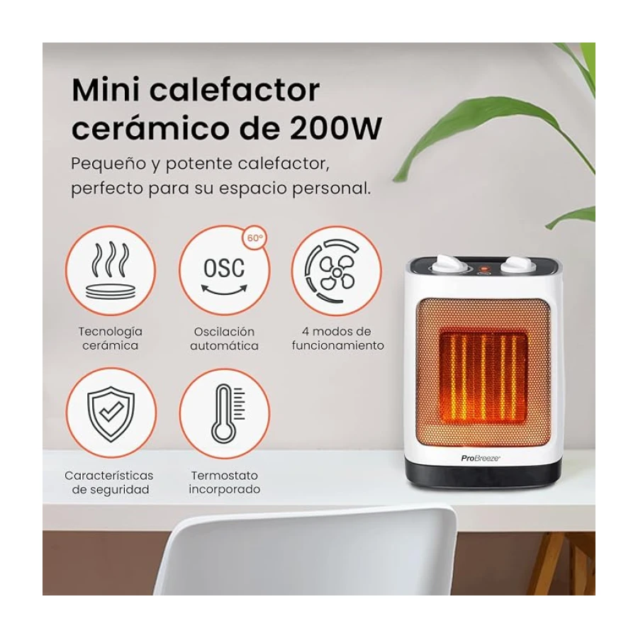 Pro Breeze Calefactor electrico bajo consumo 2000W, Oscilación Automática, termostato y 2 Niveles de Potencia. Sistema antivuelco – Calefactor baño, habitaciones y oficinas – Blanco
