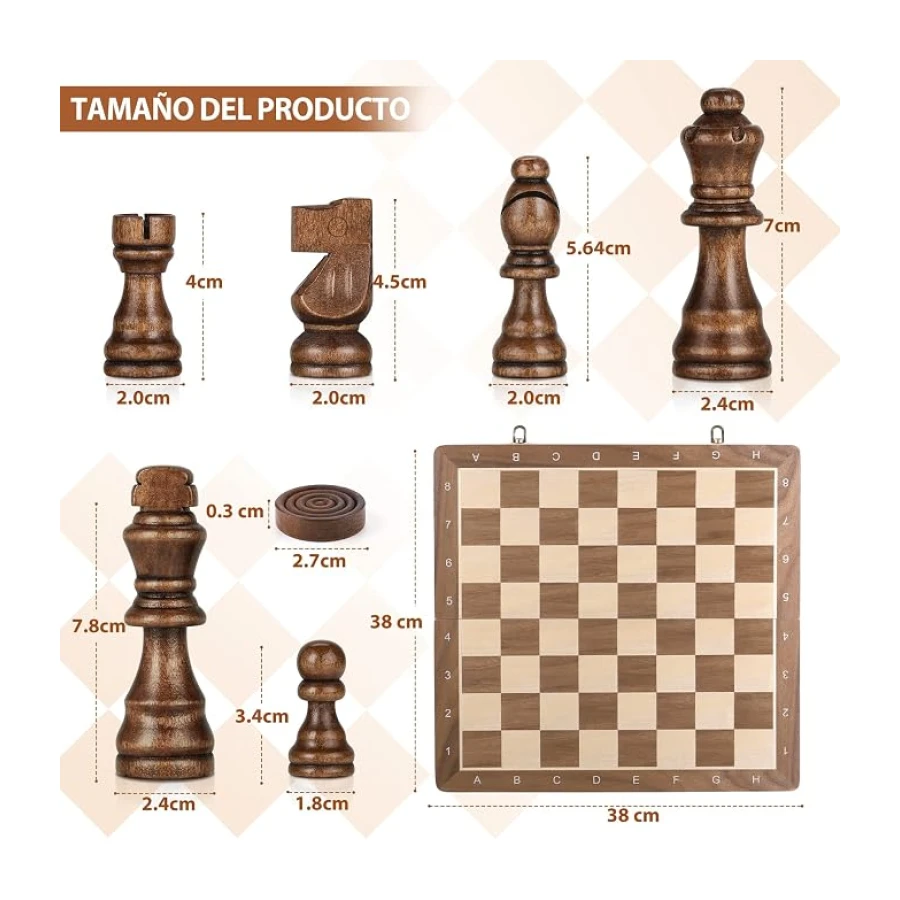 Peradix 2 en 1 Ajedrez Magnético y Damas, Ajedrez Madera 38 X 38CM, con 2 Reinas Extra, Plegable y Fácil de Llevar, Regalos Ideales y Juegos del Aire Libre