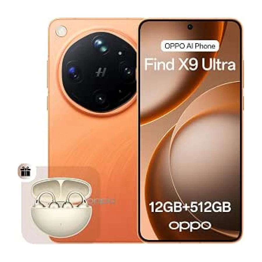 OPPO Find X9 Ultra 5G Smartphone Liberado, Cámaras Hasselblad 200MP+50MP, Zoom Óptico 10x, Video 8K, 7050mAh, Carga 100W, Pantalla 144Hz, Snapdragon 8 Elite Gen 5, Canyon Orange (con Enco Clip2) [Clase de eficiencia energética A]