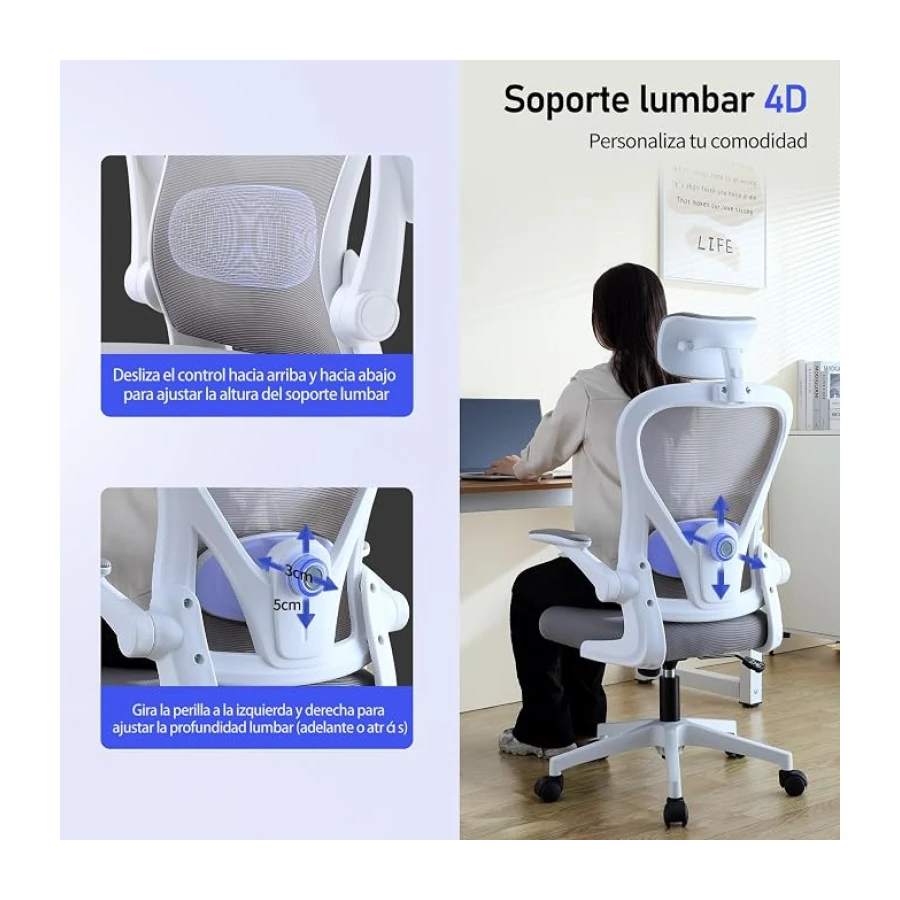 SOSINYA Silla De Oficina Ergonómica,Silla De Escritorio con Reposacabezas Ajustable, Plegable,Soporte Lumbar Ajustable,Silla Giratoria De Malla 360°,hasta 120Kg (Blanco)