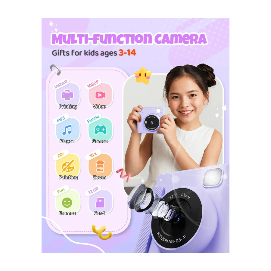 TIATUA Camara Fotos Infantil Instantanea, 2,4 Pulgada 1080P Cámara de Fotos Instantánea con Tarjeta de 32 GB y Papel Fotográfico, Regalo para Niños de 3 a 12 Años