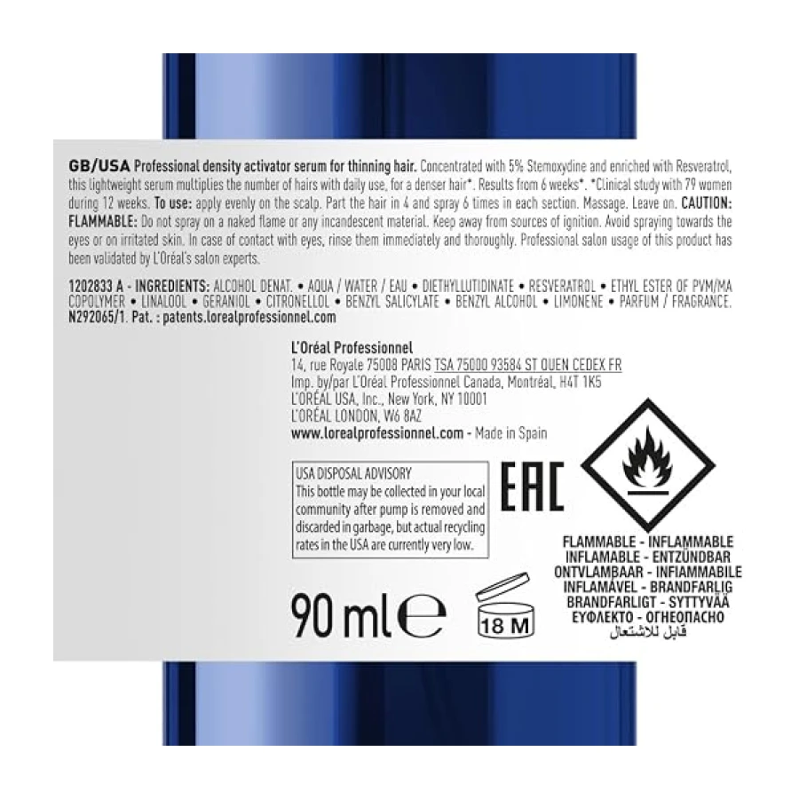 L’Oréal Professionnel Activador de Densidad Enriquecido con Activos Dermatológicos para Cabello Fino y con Poca Densidad, Serioxyl Advanced, 90 ml