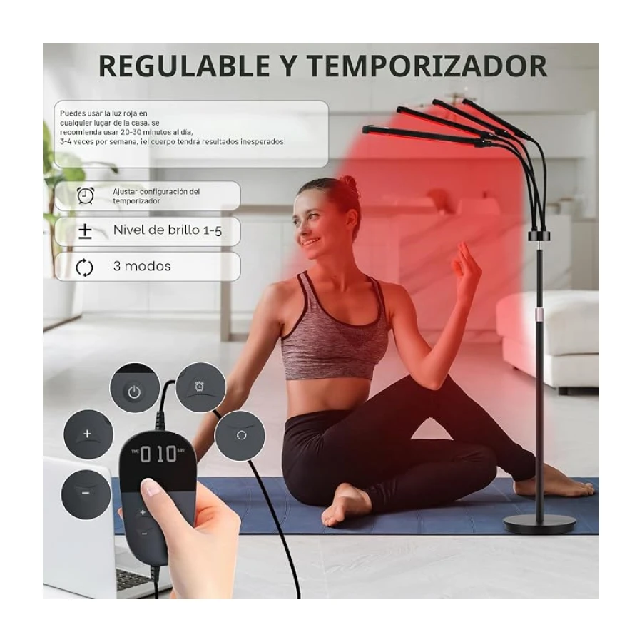Lámpara de luz roja de 4 cabezas con soporte, 180 LED, 660, 850 y 940, luz infrarroja cercana con temporizador de 10/20/30 minutos y 5 niveles de brillo ajustables para uso en casa y