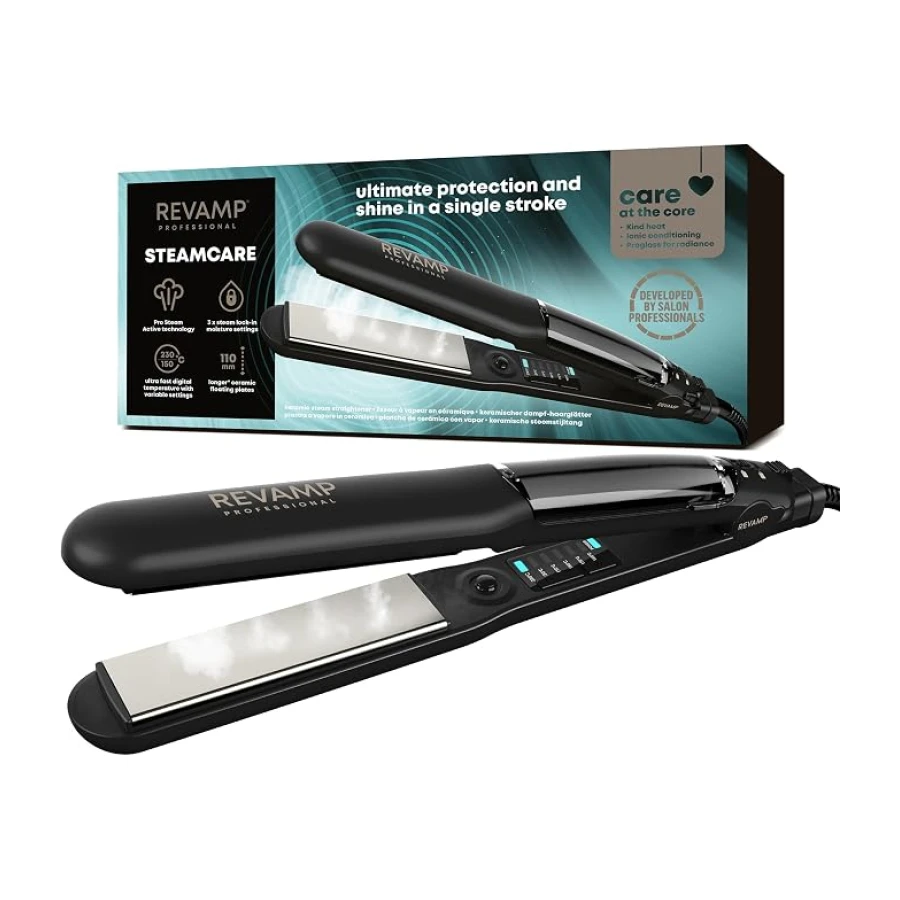 REVAMP Steam Care Plancha de Pelo de Vapor Cerámica - Iónica | Placas Iónicas, Alisado Profesional, sin Frizz, Cabello Hidratado, Calentamiento Rápido