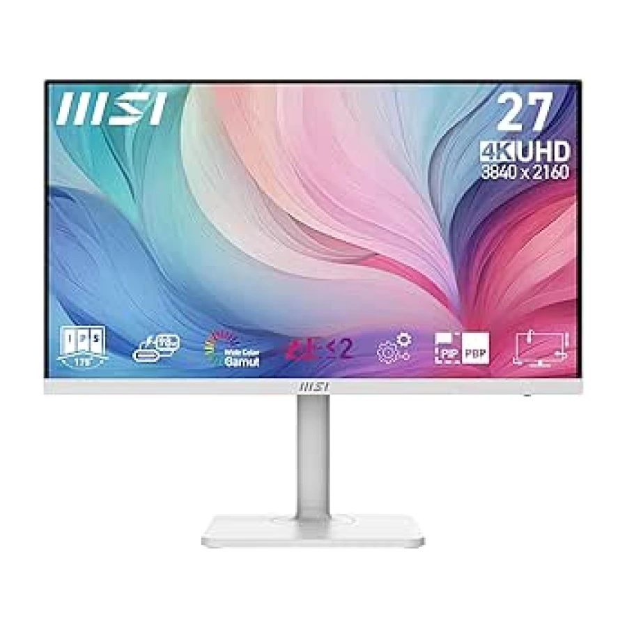 MSI Modern MD272UPHW Monitor Profesional UHD de 27" - Panel IPS de 3840 x 2160, 60 Hz, Montaje VESA, Ajustable en 4 direcciones - HDMI 2.0b, DisplayPort 1.4a, Tipo-C - Blanco