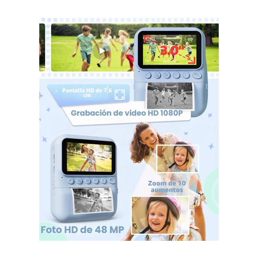 TIATUA Camara Fotos Infantil instantanea, 3,0'' HD 48 MP Cámara Instantánea para Niños con Tarjeta de 32 GB y 3 Rollos de Papel, Regalo para Niños y Niñas de 3 a 12 Años (Azul)