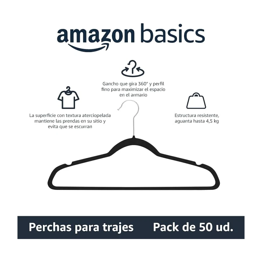 Amazon Basics - Perchas de terciopelo para trajes - Paquete de 50, Negro
