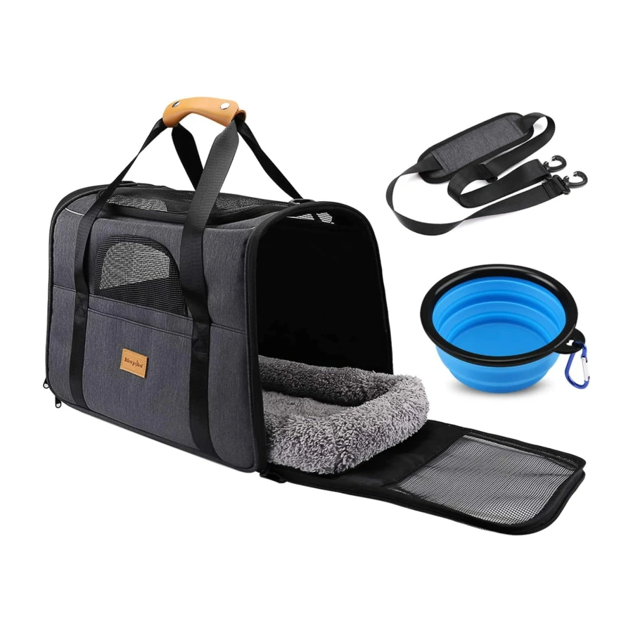 morpilot Transportín Perro Gato, Bolsa Transporte Transpirable para Mascotas, Portador de Viaje con Correa de Hombro Ajustable, Transporte de Gato con Colchón Suave+Tazón (Negro 44 x 31 x 34 cm)