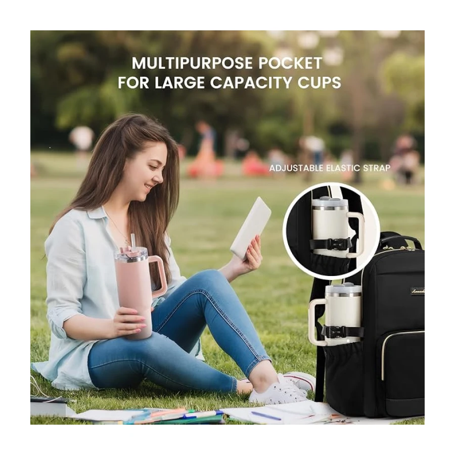 LOVEVOOK Mochila para portátil para mujeres con bolsillo para taza de gran capacidad, de 15,6 pulgadas, bolsa impermeable para trabajo, negocios, universidad, profesora.