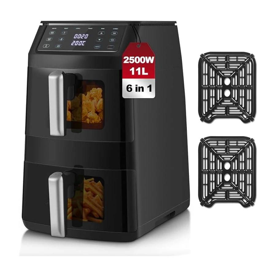 TopStrong Double Stack Freidora de aire, 11 L Air Fryer Doble Cesta Vertical, 40℃-220℃, 6 Funciones de Cocción & 8 Programas Preconfigurados, Ahorrar Espacio, 2500W