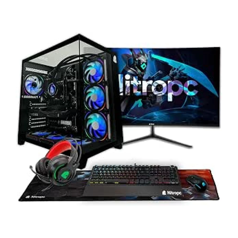 NitroPC - Pack Extremo | PC Gaming Completo (AMD Ryzen 7 7700X 4.5GHz, RTX 5060 Ti 16GB, RAM 32GB, M2 1TB, Windows 11 Pro, RGB | WiFi Monitor 27", Teclado ratón Cascos) PC sobremesa (Negro)