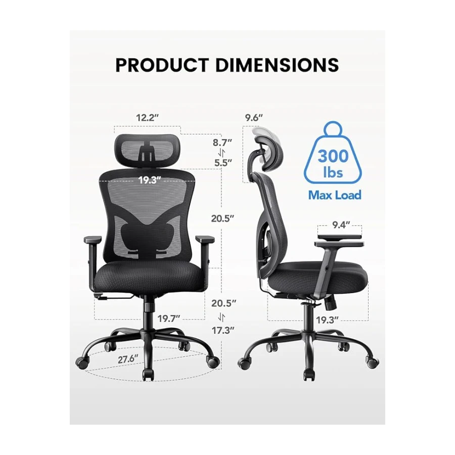 NOBLEWELL Silla de Oficina Ergonómica con Soporte Lumbar, Reposacabezas 2D, Reposabrazos Ajustable, Cojín Mejorado, Inclinación de 130°, Silla para Oficina en Casa