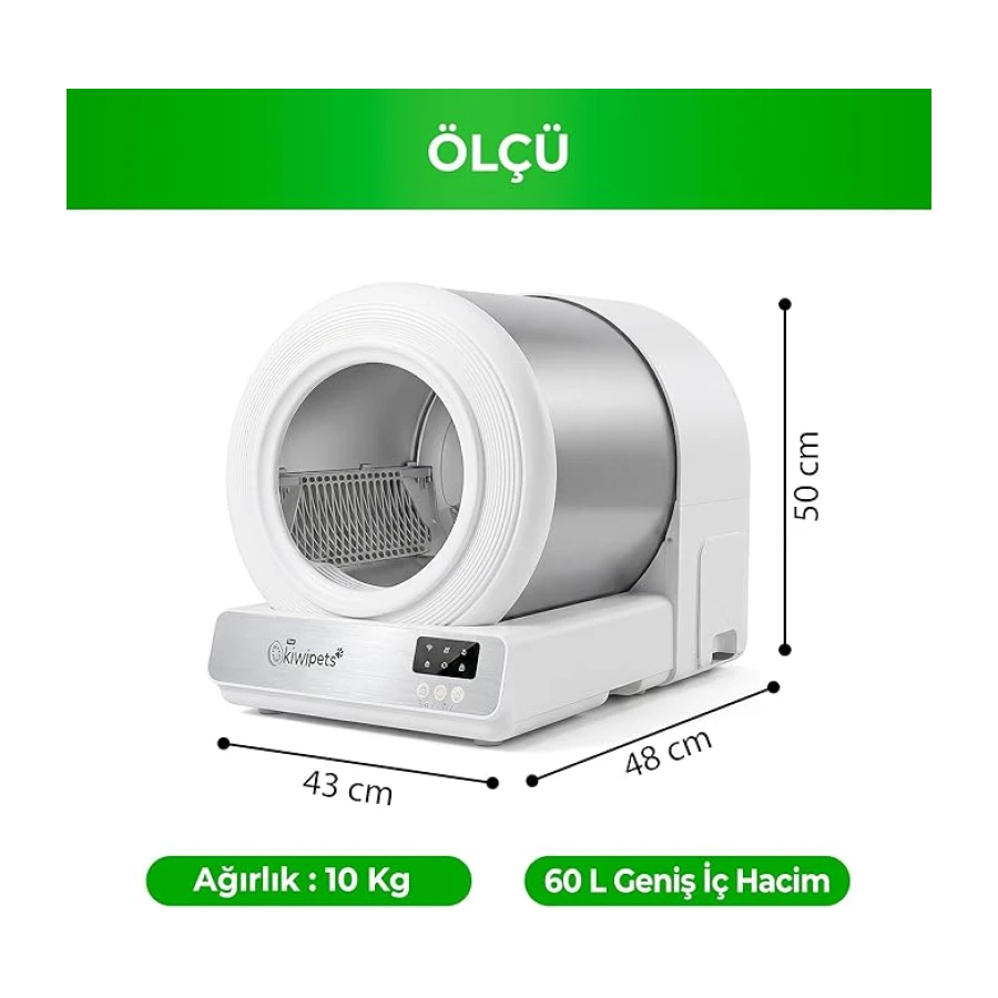 Kiwi Tiny KiwiPets KPLB-10771 Akıllı Kendi Kendini Temizleyen Kedi Tuvaleti 60L – Geniş İç Hacim, Koku Giderici Otomatik Sistem(Beyaz)