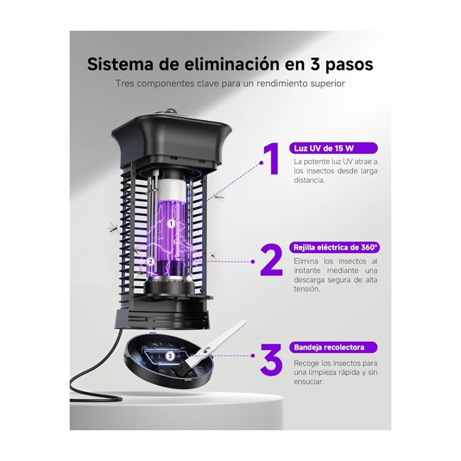 Lámpara Antimosquitos, Mata Mosquitos Eléctrico para Interior Exterior | Luz UV 360°, Rejilla 3000V, Bandeja extraíble, Resistente al agua IPX4, Para dormitorio y terraza