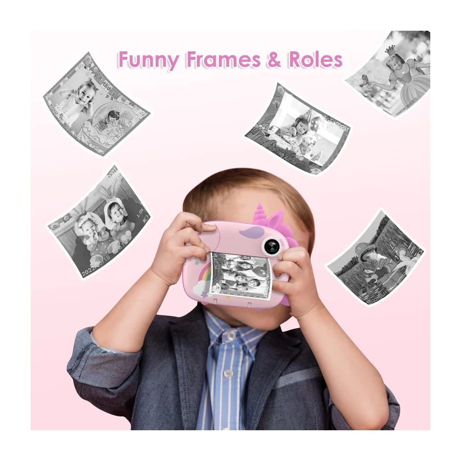 HiMont - Cámara infantil digital instantánea con papel de impresión y tarjeta TF de 32 GB, cámara de vídeo, lápices de colores, clips de fotos para manualidades, regalo, de 3 a 14 años, color rosa