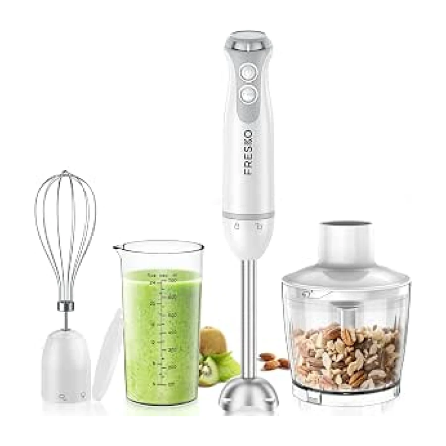 Batidora de Mano 4 en 1, 1000W, Acero Inoxidable, Velocidad Variable +Turbo | Incluye Picadora de 500 ml y Vaso Medidor de 700 ml, para Papillas, Sopas y Batidos, Blanco