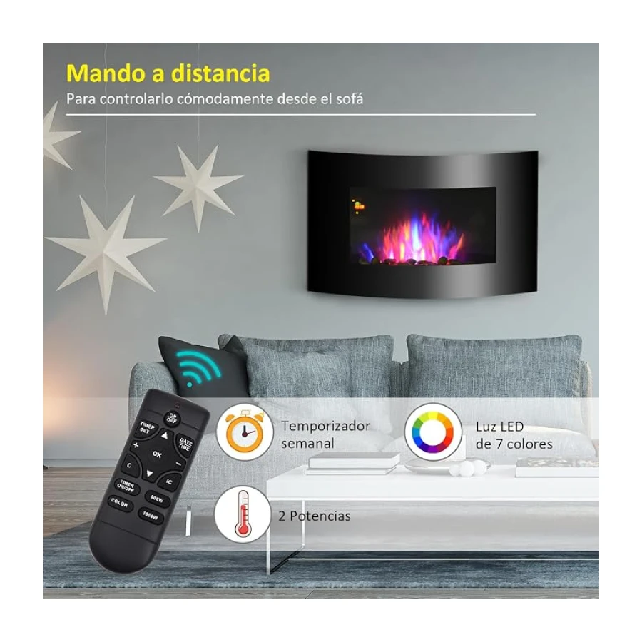 HOMCOM Chimenea Eléctrica de Pared 900/1800W para Sala 25-30 m² Negro