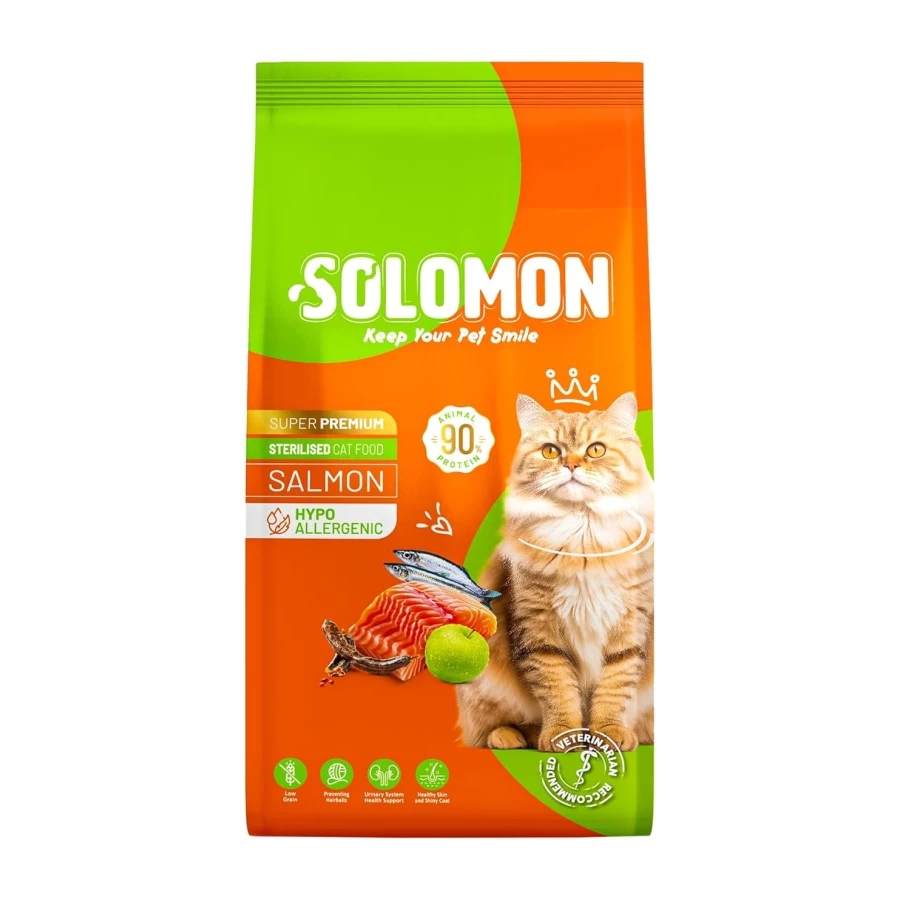 Solomon Kısırlaştırılmış Somon'lu Süper Premium Kedi Maması 9 kg - Hipoalerjenik - Düşük Tahıllı - Yüksek Hayvansal Protein - Tüy Dökülme Engelleyici - Kolay Sindirilebilir - Kuru Kedi Maması