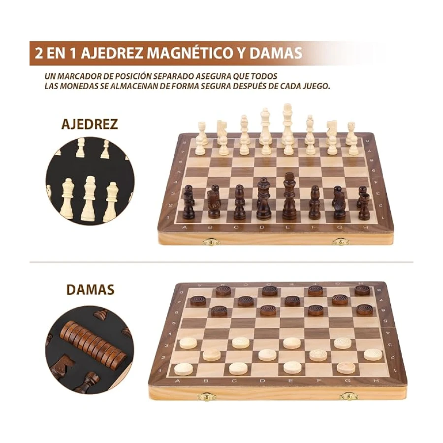 Peradix 2 en 1 Ajedrez Magnético y Damas, Ajedrez Madera 38 X 38CM, con 2 Reinas Extra, Plegable y Fácil de Llevar, Regalos Ideales y Juegos del Aire Libre