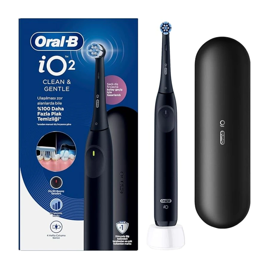 Oral-B iO2 Siyah Şarjlı/Elektrikli Diş Fırçası, 1 Fırça Başlığı, Tek Şarjda 4 Haftaya Varan Kullanım, Seyahat Kabı