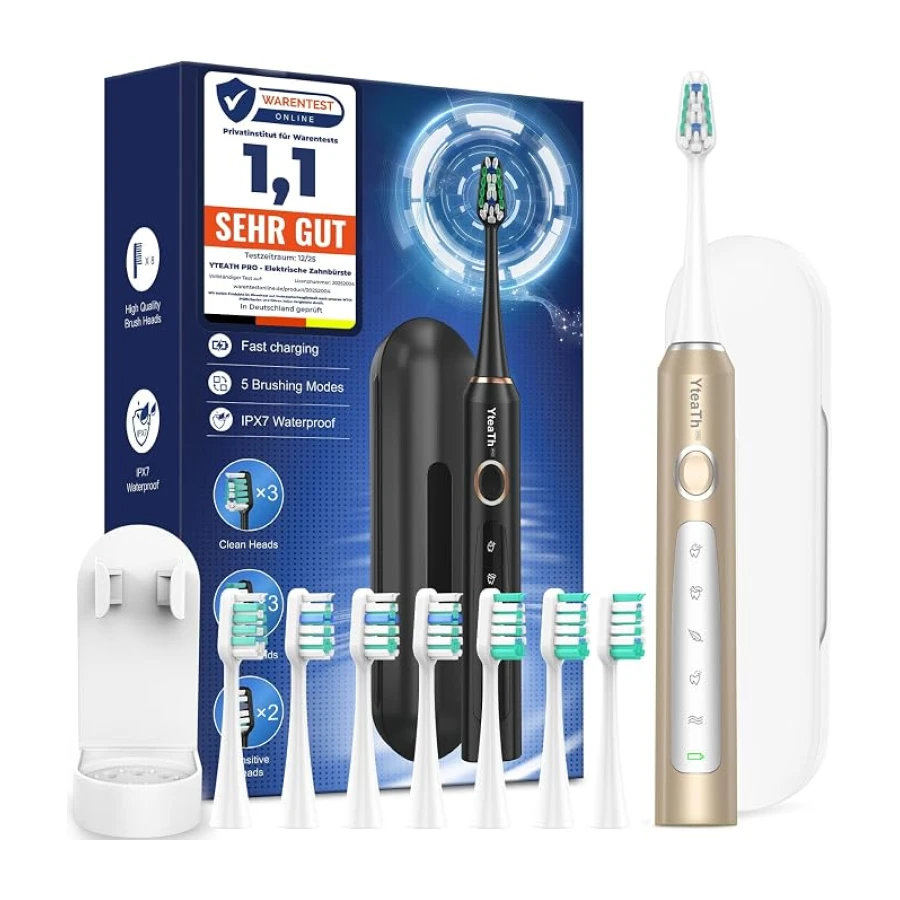 Cepillo de Dientes Eléctrico Sónico para Viajar - Cepillo Electrico Adultos Infantil con 8 Cabezales y Estuche, 5 Modos, IPX7 Impermeable, Cepillos de Dientes Eléctricos Ultrasónicos, Dorado