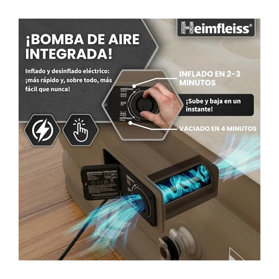 Heimfleiss® Premium Colchón Hinchable para Invitados | Autohinchable Eléctrico con Bomba Integrada | PVC Resistente Antipinchazos Velour 150 x 200 x 45cm | Cama Inflable 2 Plazas para Camping | Negro
