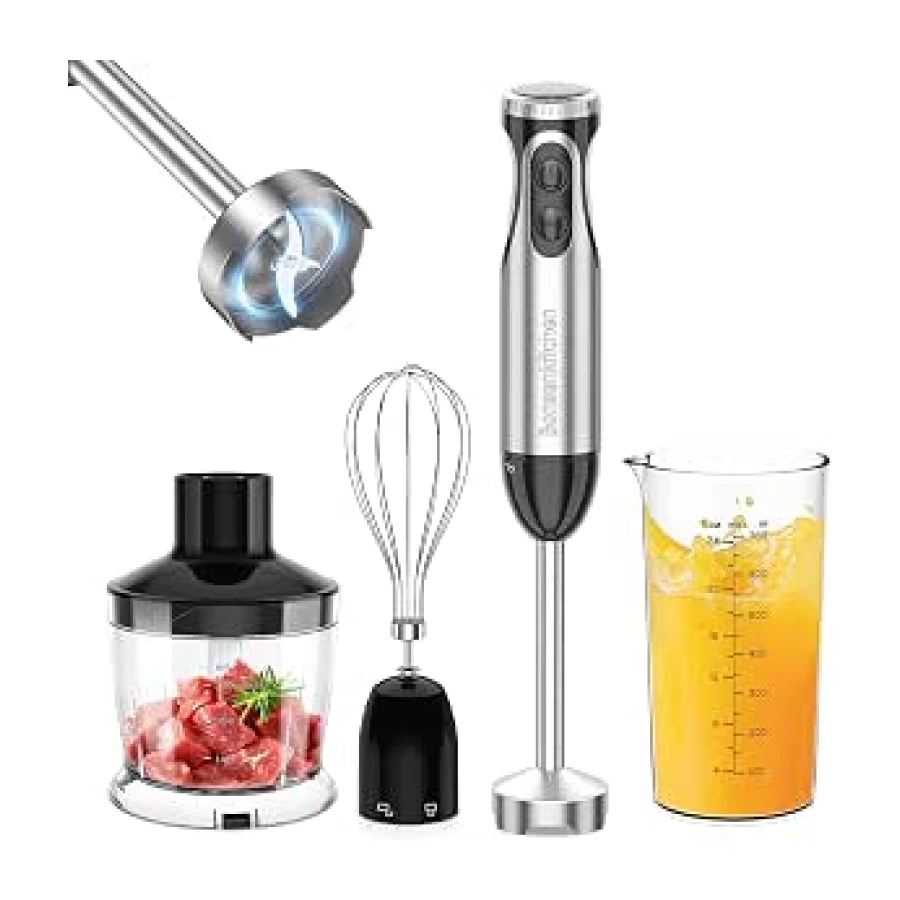 Bonsenkitchen Batidora de mano 4 en 1 1000 W, 20 velocidades ajustables | con batidor, picadora de 500 ml y vaso medidor de 700 ml, procesador de alimentos