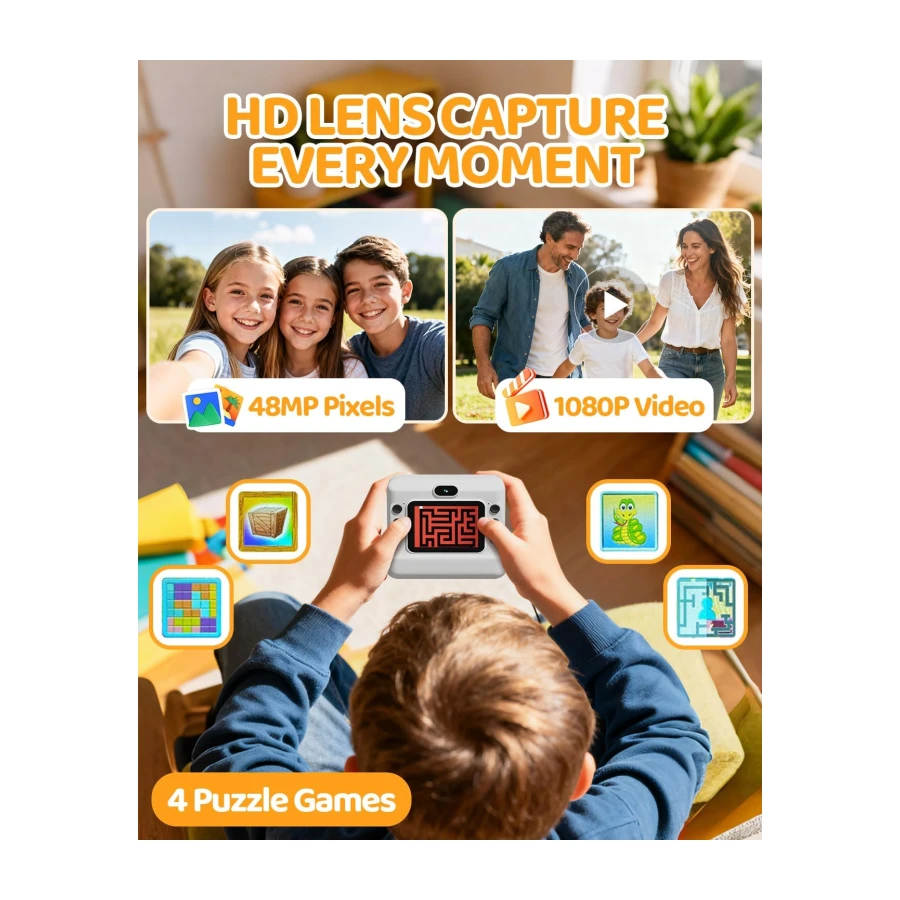 CalineGam Camara Fotos Infantil Instantanea, HD 1080P Cámara Instantánea para Niños con Tarjeta de 32G y 3 Rollos de Papel, Lentes Dobles, Regalo para Niños y Niñas de 3 a 12 Años